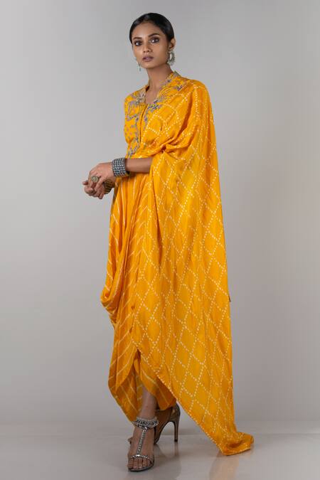 Buy Nupur Kanoi Yellow Bandhani Silk Stand Collar Pre-draped Saree Online at Aza Fashions Buy_Nupur Kanoi_Yellow Bandhani Silk Stand Collar Pre-draped Saree _Online_at_Aza_Fashions