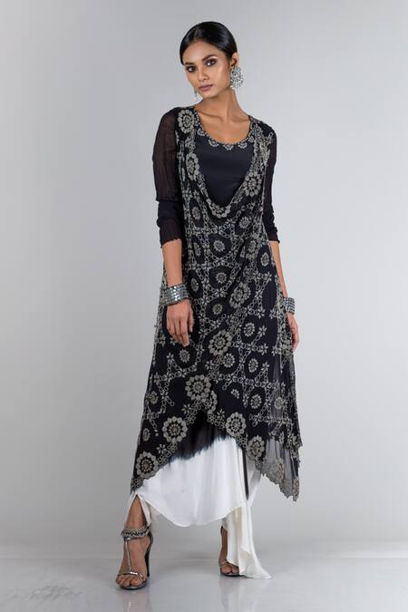 Nupur Kanoi Black Georgette Round Overlap Jacket And Draped Pant Set
