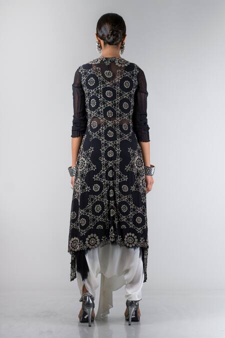 Shop Nupur Kanoi Black Georgette Round Overlap Jacket And Draped Pant Set at Aza Fashions Shop_Nupur Kanoi_Black Georgette Round Overlap Jacket And Draped Pant Set _at_Aza_Fashions