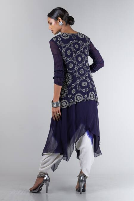 Shop Nupur Kanoi Blue Georgette Round Dyed Dhoti Jumpsuit With Overlap Jacket at Aza Fashions Shop_Nupur Kanoi_Blue Georgette Round Dyed Dhoti Jumpsuit With Overlap Jacket _at_Aza_Fashions