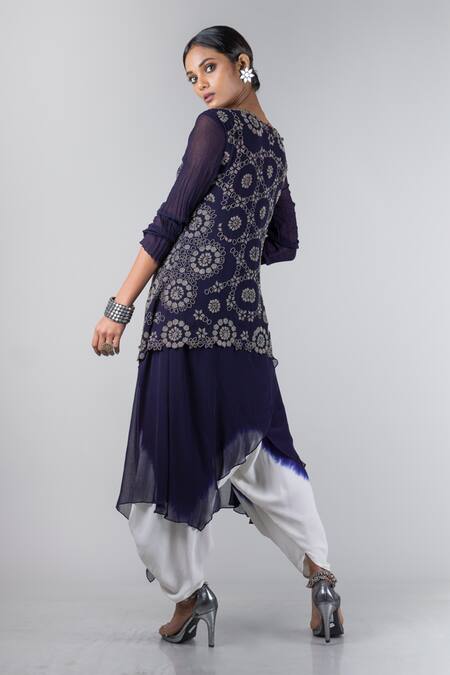 Nupur Kanoi Blue Georgette Round Dyed Dhoti Jumpsuit With Overlap Jacket Online at Aza Fashions Nupur Kanoi_Blue Georgette Round Dyed Dhoti Jumpsuit With Overlap Jacket _Online_at_Aza_Fashions
