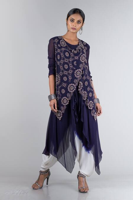 Buy Nupur Kanoi Blue Georgette Round Dyed Dhoti Jumpsuit With Overlap Jacket Online at Aza Fashions Buy_Nupur Kanoi_Blue Georgette Round Dyed Dhoti Jumpsuit With Overlap Jacket _Online_at_Aza_Fashions