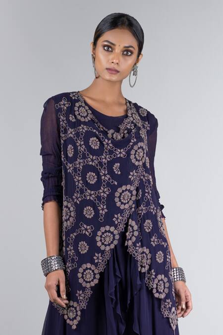 Shop Nupur Kanoi Blue Georgette Round Dyed Dhoti Jumpsuit With Overlap Jacket Online at Aza Fashions Shop_Nupur Kanoi_Blue Georgette Round Dyed Dhoti Jumpsuit With Overlap Jacket _Online_at_Aza_Fashions