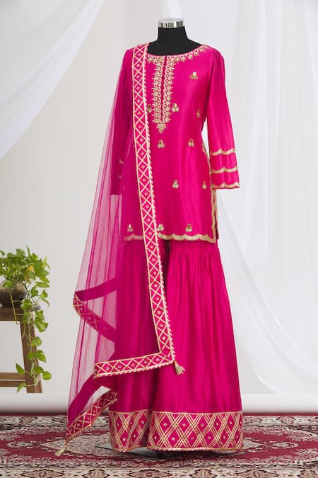 Neha Khullar Pink Round Embroidered Kurta Sharara Set 