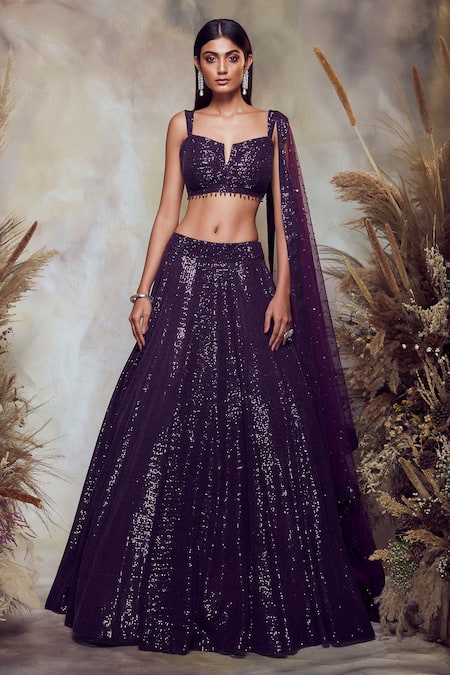 Niamh By Kriti Purple Net Embroidery Sequin Notched Bridal Lehenga Set 