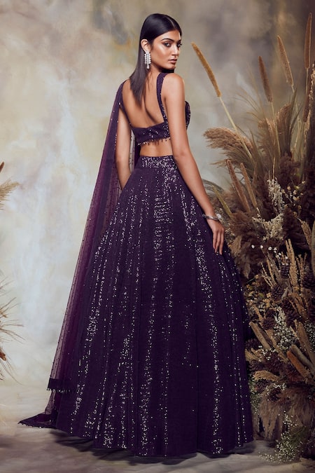 Shop_Niamh By Kriti_Purple Net Sequin Notched Embroidered Bridal Lehenga Set _at_Aza_Fashions