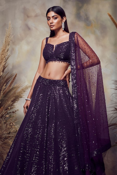 Niamh By Kriti_Purple Net Sequin Notched Embroidered Bridal Lehenga Set _Online_at_Aza_Fashions