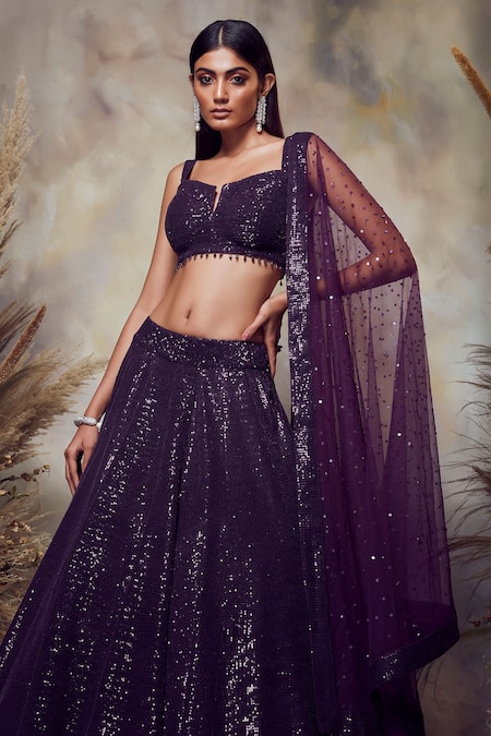 Buy_Niamh By Kriti_Purple Net Sequin Notched Embroidered Bridal Lehenga Set _Online_at_Aza_Fashions