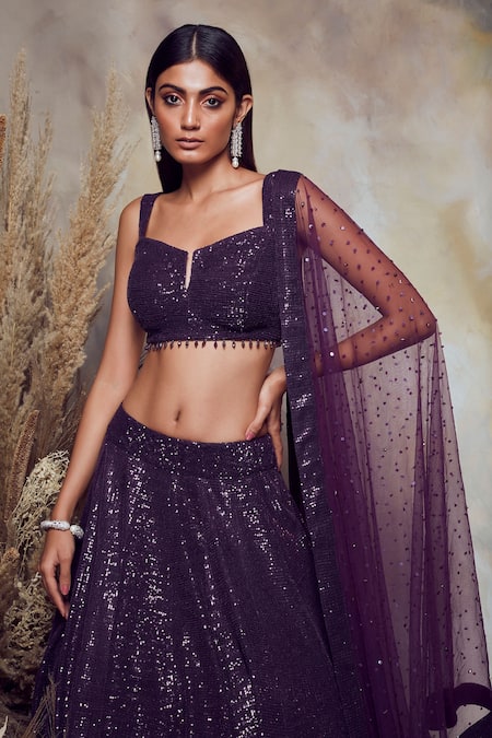 Shop_Niamh By Kriti_Purple Net Sequin Notched Embroidered Bridal Lehenga Set _Online_at_Aza_Fashions