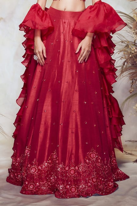 Buy_Niamh By Kriti_Red , Crepe And Organza Sequin & Glass Beads Notched Bridal Lehenga Set _Online_at_Aza_Fashions