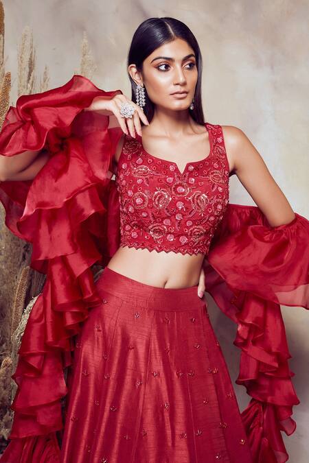 Shop_Niamh By Kriti_Red , Crepe And Organza Sequin & Glass Beads Notched Bridal Lehenga Set _Online_at_Aza_Fashions