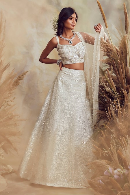 Niamh By Kriti_White Net And Silk Crepe Pearls, Sequin, Glass Embroidered Bridal Lehenga Set _Online_at_Aza_Fashions