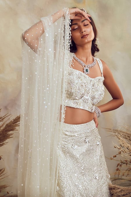 Shop_Niamh By Kriti_White Net And Silk Crepe Pearls, Sequin, Glass Embroidered Bridal Lehenga Set _Online_at_Aza_Fashions