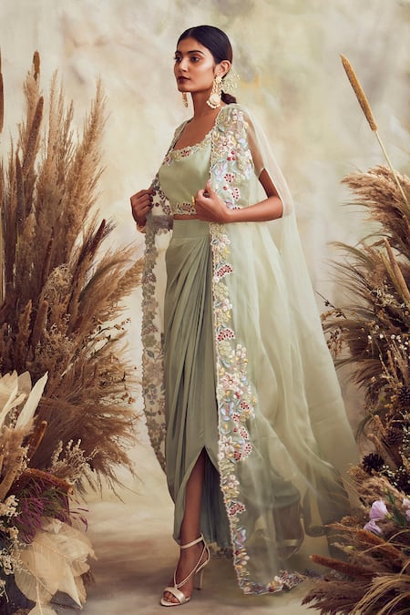 Niamh By Kriti Green Crepe And Silk Organza Pearls, Resham, Embroidered Cape & Draped Skirt Set Online at Aza Fashions Niamh By Kriti_Green Crepe And Silk Organza Pearls, Resham, Embroidered Cape & Draped Skirt Set _Online_at_Aza_Fashions
