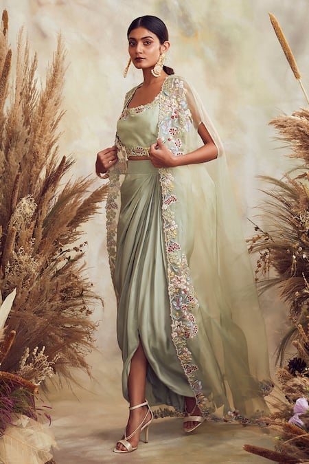 Buy Niamh By Kriti Green Crepe And Silk Organza Pearls, Resham, Embroidered Cape & Draped Skirt Set Online at Aza Fashions Buy_Niamh By Kriti_Green Crepe And Silk Organza Pearls, Resham, Embroidered Cape & Draped Skirt Set _Online_at_Aza_Fashions