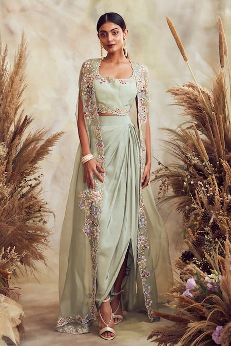 Shop Niamh By Kriti Green Crepe And Silk Organza Pearls, Resham, Embroidered Cape & Draped Skirt Set Online at Aza Fashions Shop_Niamh By Kriti_Green Crepe And Silk Organza Pearls, Resham, Embroidered Cape & Draped Skirt Set _Online_at_Aza_Fashions
