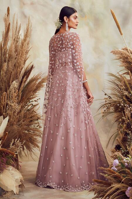 Shop Niamh By Kriti Purple Organza And Net Pearl, Sequin & Cutdana Embroidered Cape Lehenga Set at Aza Fashions Shop_Niamh By Kriti_Purple Organza And Net Pearl, Sequin & Cutdana Embroidered Cape Lehenga Set _at_Aza_Fashions