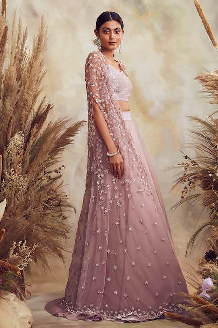 Niamh By Kriti Purple Organza And Net Pearl, Sequin & Cutdana Embroidered Cape Lehenga Set Online at Aza Fashions Niamh By Kriti_Purple Organza And Net Pearl, Sequin & Cutdana Embroidered Cape Lehenga Set _Online_at_Aza_Fashions
