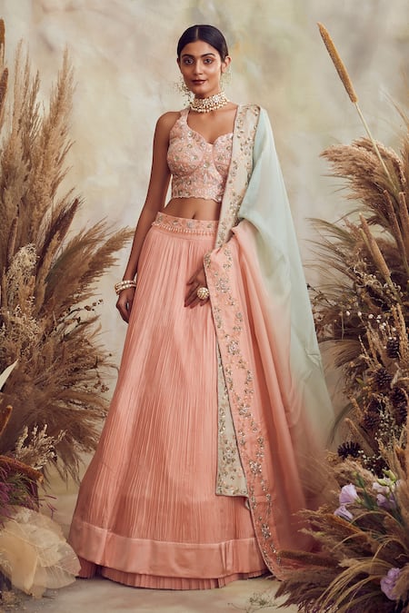 Buy Wedding Peach Embroidery Lehenga Choli at Rs.7000/Piece in beawar offer  by Meridian Designers Collection