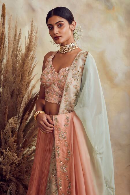 Buy Niamh By Kriti Peach Georgette And Organza Cutdana, Sequin & Embroidered Bridal Lehenga Set Online at Aza Fashions Buy_Niamh By Kriti_Peach Georgette And Organza Cutdana, Sequin & Embroidered Bridal Lehenga Set _Online_at_Aza_Fashions