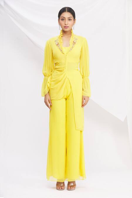 Nitika Kanodia Gupta Yellow Asymmetric Kurta And Pant Set Online at Aza Fashions Nitika Kanodia Gupta_Yellow Asymmetric Kurta And Pant Set_Online_at_Aza_Fashions