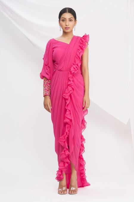 Buy_Nitika Kanodia Gupta_Pink Ruffle Pre-draped Saree_Online_at_Aza_Fashions
