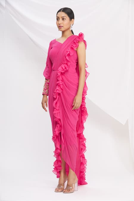 Shop_Nitika Kanodia Gupta_Pink Ruffle Pre-draped Saree_Online_at_Aza_Fashions