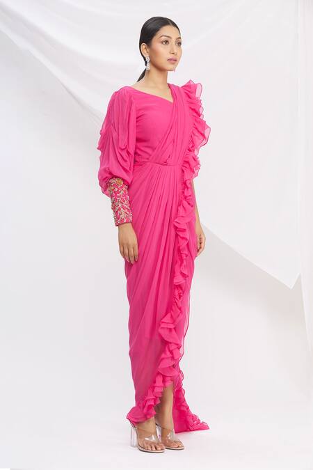 Nitika Kanodia Gupta_Pink Ruffle Pre-draped Saree_Online_at_Aza_Fashions