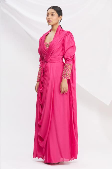 Shop_Nitika Kanodia Gupta_Pink Cowl Draped Saree Gown_Online_at_Aza_Fashions