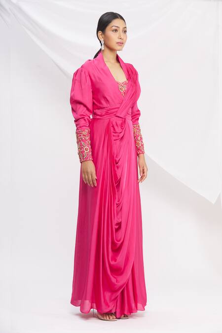 Nitika Kanodia Gupta_Pink Cowl Draped Saree Gown_Online_at_Aza_Fashions