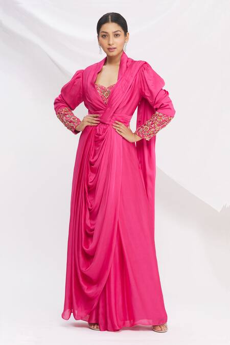Buy_Nitika Kanodia Gupta_Pink Cowl Draped Saree Gown_Online_at_Aza_Fashions