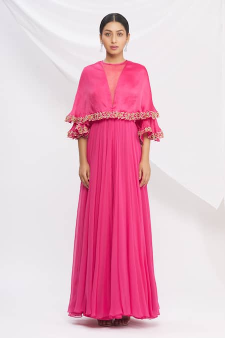 Buy_Nitika Kanodia Gupta_Pink Popover Flared Gown_Online_at_Aza_Fashions
