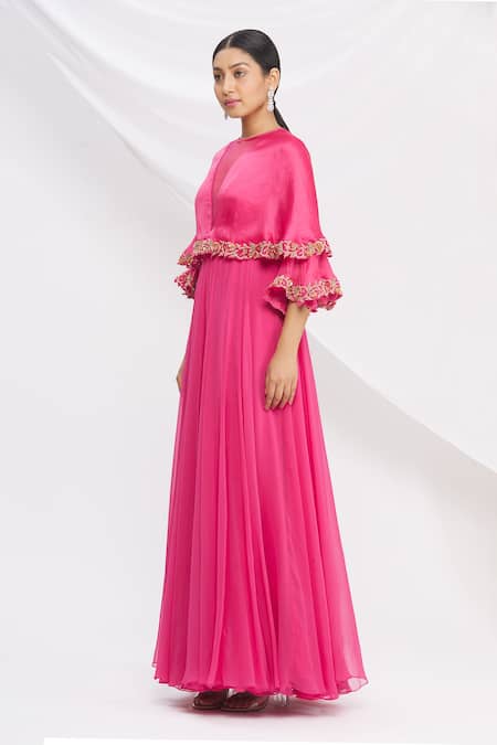 Shop_Nitika Kanodia Gupta_Pink Popover Flared Gown_Online_at_Aza_Fashions