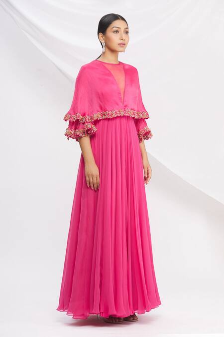 Nitika Kanodia Gupta_Pink Popover Flared Gown_Online_at_Aza_Fashions