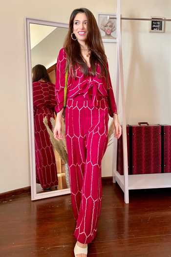 Buy_Nupur Kanoi_Pink Crepe V Neck Bandhani Print Knotted Jumpsuit_Online_at_Aza_Fashions