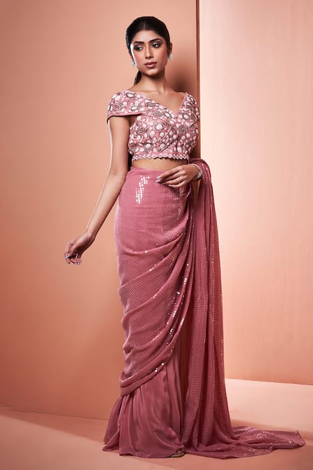 Niamh By Kriti Pink Silk Crepe Hand Embroidered Sequins V Work Pre-draped Saree With Blouse 