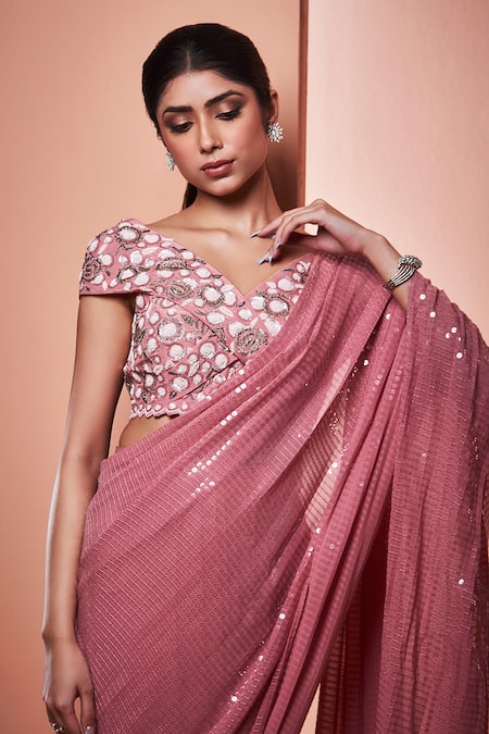 Niamh By Kriti Pink Georgette, Silk Crepe Bead Work, Cutdana Work, Pre-draped Saree With Blouse Online at Aza Fashions Niamh By Kriti_Pink Georgette, Silk Crepe Bead Work, Cutdana Work, Pre-draped Saree With Blouse _Online_at_Aza_Fashions