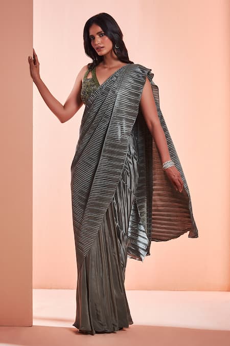 Niamh By Kriti Green Silk Crepe Hand Embroidered Sequins Textured Pre-draped Saree With Blouse 