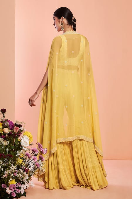 Shop_Niamh By Kriti_Yellow Organza, Georgette Bead Work, Pearl Work, Embroidered Cape Sharara Set _at_Aza_Fashions