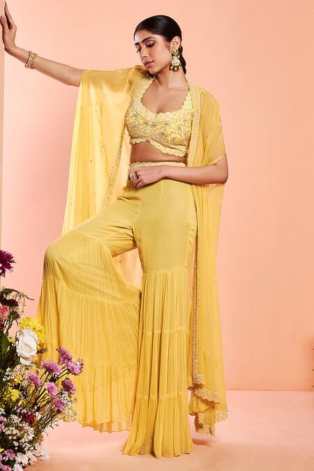 Niamh By Kriti_Yellow Organza, Georgette Bead Work, Pearl Work, Embroidered Cape Sharara Set _Online_at_Aza_Fashions