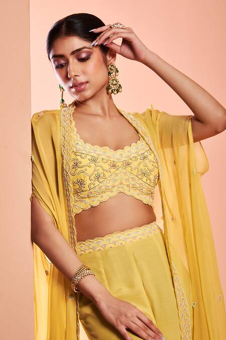 Buy_Niamh By Kriti_Yellow Organza, Georgette Bead Work, Pearl Work, Embroidered Cape Sharara Set _Online_at_Aza_Fashions