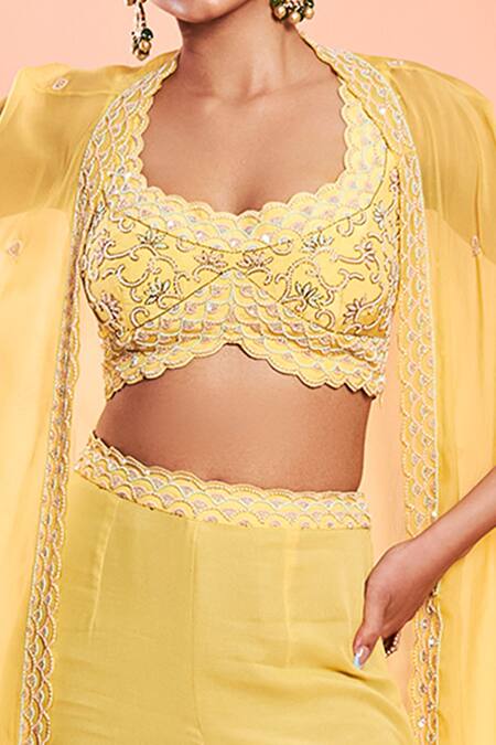 Shop_Niamh By Kriti_Yellow Organza, Georgette Bead Work, Pearl Work, Embroidered Cape Sharara Set _Online_at_Aza_Fashions
