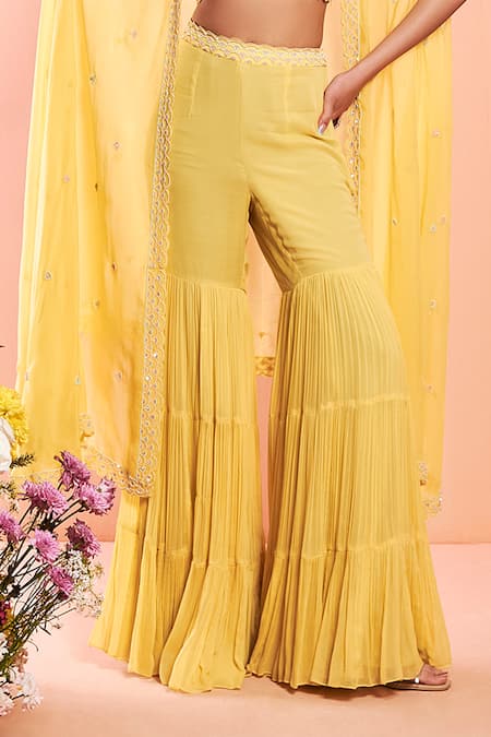 Niamh By Kriti_Yellow Organza, Georgette Bead Work, Pearl Work, Embroidered Cape Sharara Set _at_Aza_Fashions