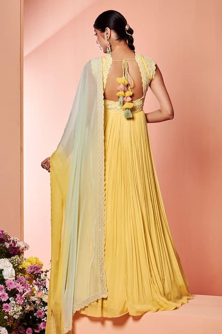 Shop_Niamh By Kriti_Yellow Organza, Chiffon, Silk Crepe Bead Work, Embroidered Anarkali With Dupatta _at_Aza_Fashions