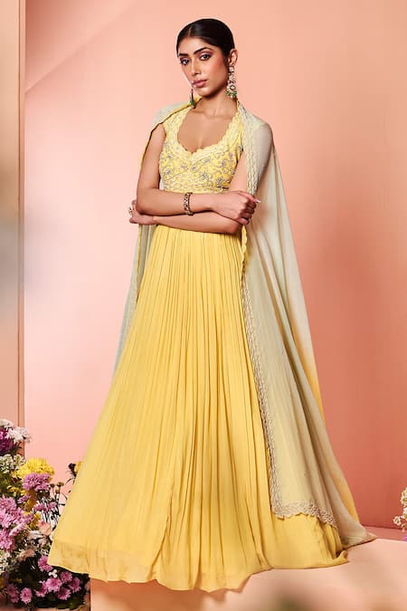 Niamh By Kriti_Yellow Organza, Chiffon, Silk Crepe Bead Work, Embroidered Anarkali With Dupatta _Online_at_Aza_Fashions