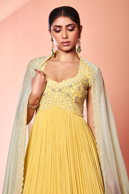 Buy_Niamh By Kriti_Yellow Organza, Chiffon, Silk Crepe Bead Work, Embroidered Anarkali With Dupatta _Online_at_Aza_Fashions
