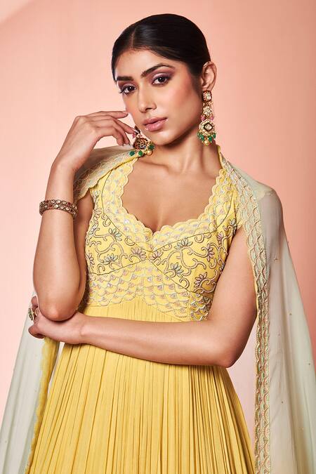 Shop_Niamh By Kriti_Yellow Organza, Chiffon, Silk Crepe Bead Work, Embroidered Anarkali With Dupatta _Online_at_Aza_Fashions