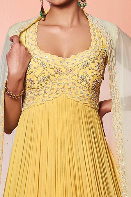 Niamh By Kriti_Yellow Organza, Chiffon, Silk Crepe Bead Work, Embroidered Anarkali With Dupatta _at_Aza_Fashions