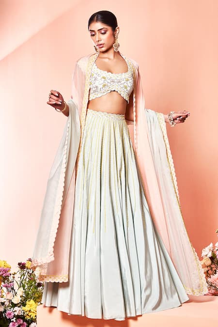 Niamh By Kriti_Blue Organza, Silk Crepe Bead Work, Pearl Work, Dabka Embroidered Lehenga Set _Online_at_Aza_Fashions