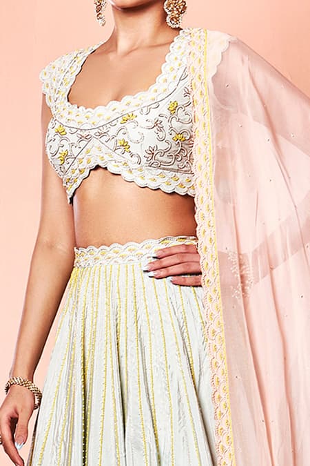 Shop_Niamh By Kriti_Blue Organza, Silk Crepe Bead Work, Pearl Work, Dabka Embroidered Lehenga Set _Online_at_Aza_Fashions